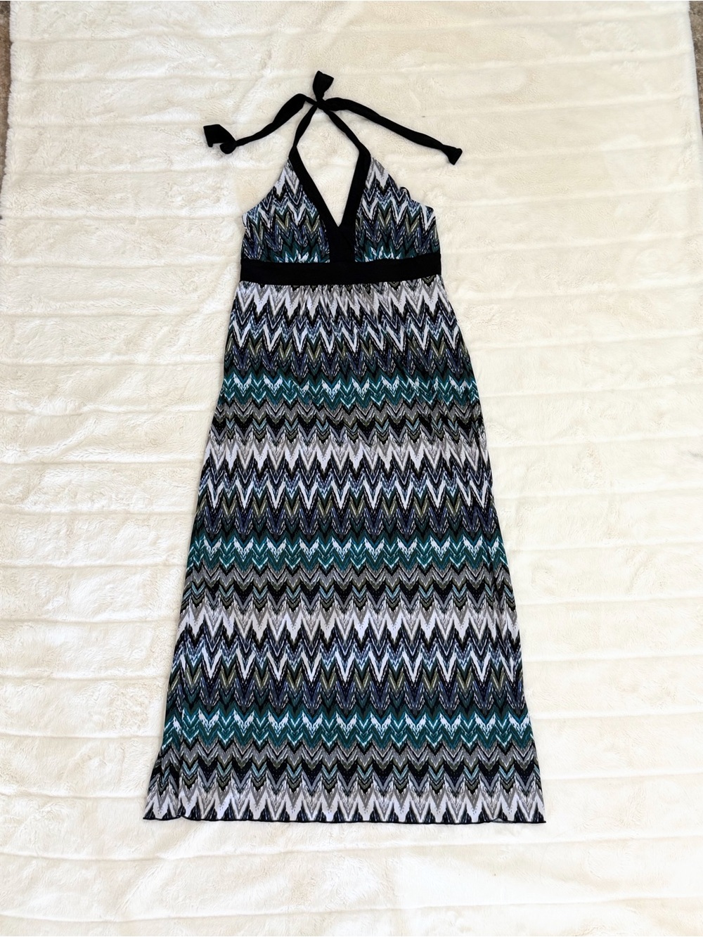 En Focus Studio Halter Maxi Dress Chevron Zig Zag Blue Olive Black Size 12
